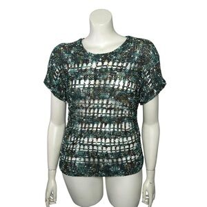 Chico's 2 Womens Short Sleeve Top Size Large Open Knit Crochet Sweater Green